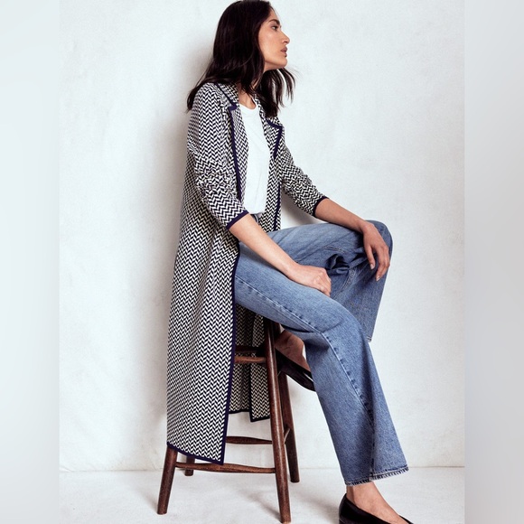 NWT Boden Jacquard Coatigan in Navy Ivory Dogtooth - Picture 2 of 11